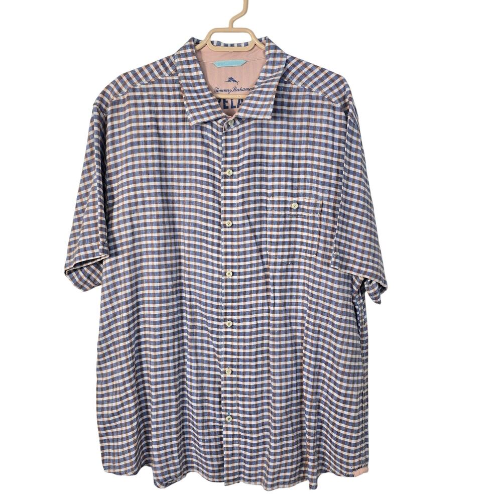 Tommy Bahama Shirt Men's XXL Blue Orange Check Linen Button Up Coastal Beachy